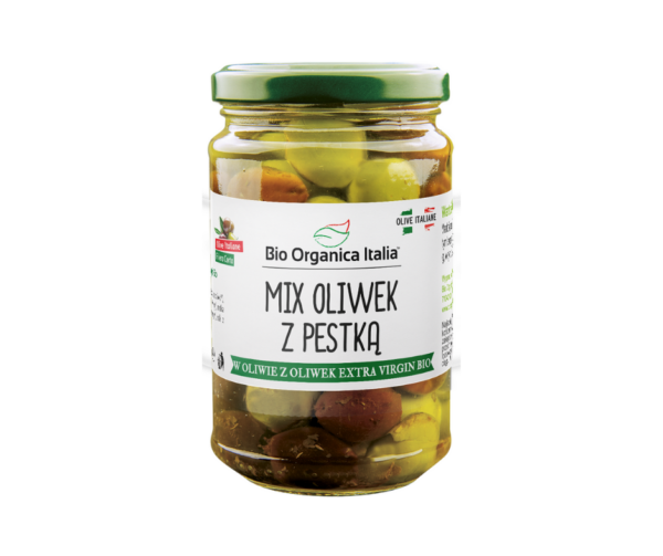 Oliwki mix z pestką w oliwie z oliwek  EXTRA VIRGIN BIO 280 g (SŁOIK) – BIO ORGANICA ITALIA