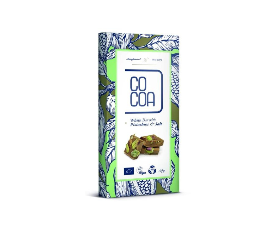 Czekolada Biała z Pistacjami i Solą Himalajską 50g - Cocoa