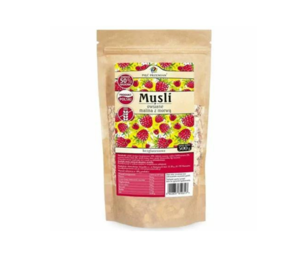 Musli Owsiane Malina z Morwą Bezglutenowe 500 g - Pięć Przemian