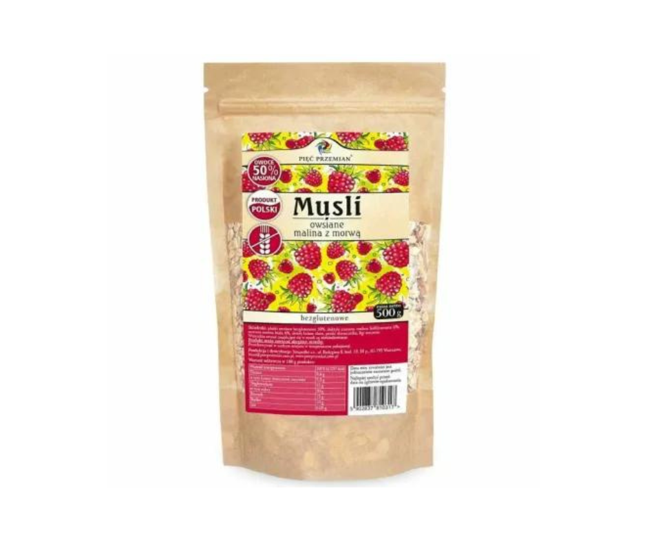 Musli Owsiane Malina z Morwą Bezglutenowe 500 g - Pięć Przemian