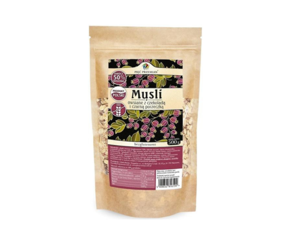 Musli Owsiane z czekoladą i czarną porzeczką Bezglutenowe 500 g - Pięć Przemian