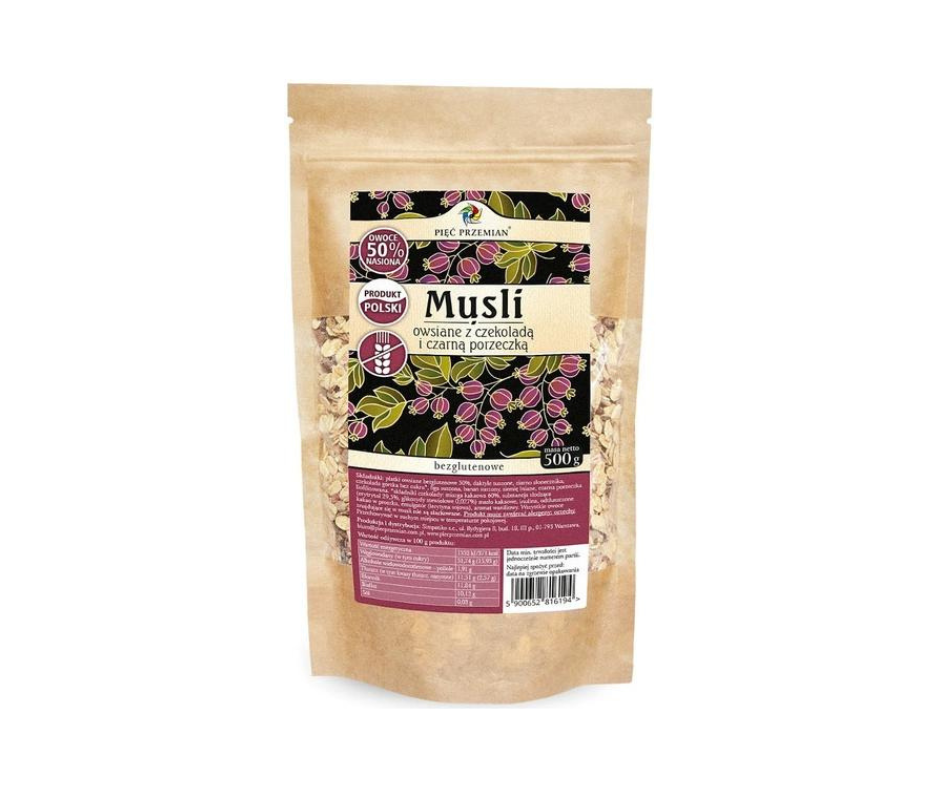 Musli Owsiane z czekoladą i czarną porzeczką Bezglutenowe 500 g - Pięć Przemian