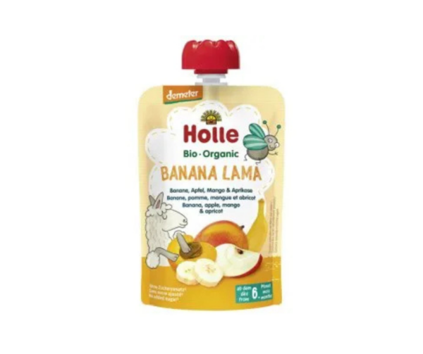 Mus owocowy w tubce Banana Lama, banan, jabłko, mango, morela BIO, po 6 miesiącu, 100 g- Holle