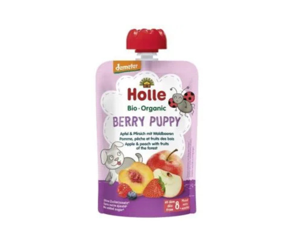 Mus owocowy w tubce Berry Puppy, jabłko, brzoskwinia, owoce leśne BIO, po 8 miesiącu, 100 g-Holle