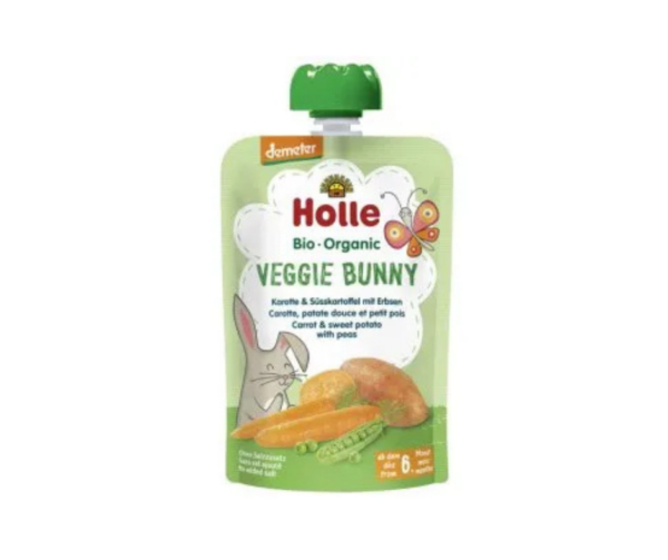Mus warzywny w tubce, Veggie bunny marchewka, słodki ziemniak, groszek, po 6 miesiącu, 100 g- Holle