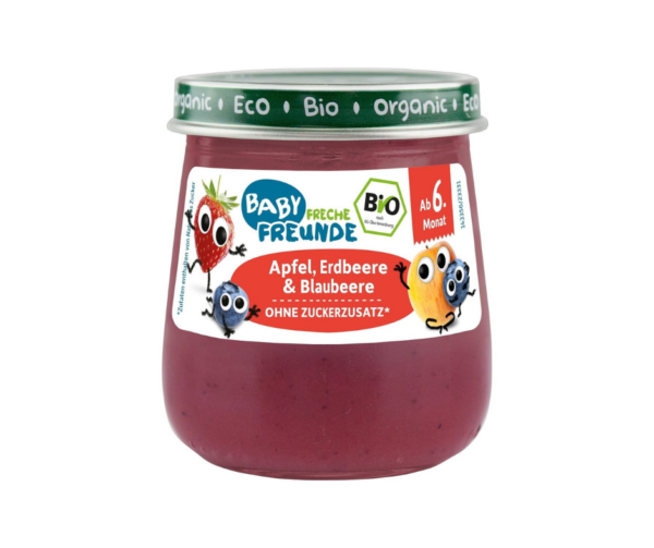 Mus jabłko truskawka jagoda bez dodatku cukrów bezglutenowy od 6 m-ca BIO 120 g - Freche Freunde