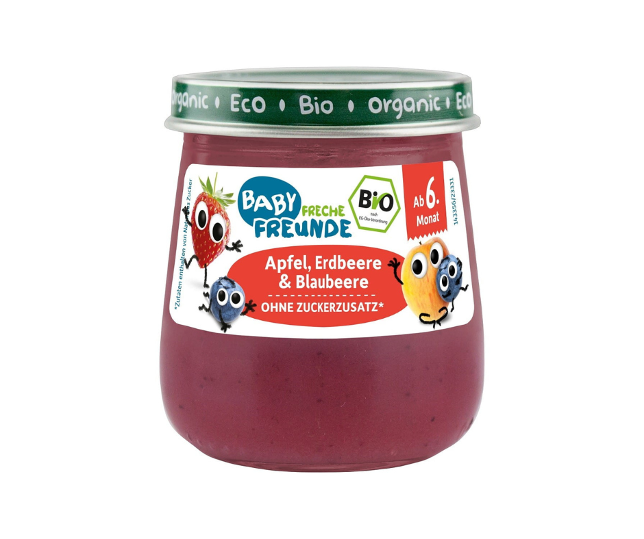 Mus jabłko truskawka jagoda bez dodatku cukrów bezglutenowy od 6 m-ca BIO 120 g - Freche Freunde