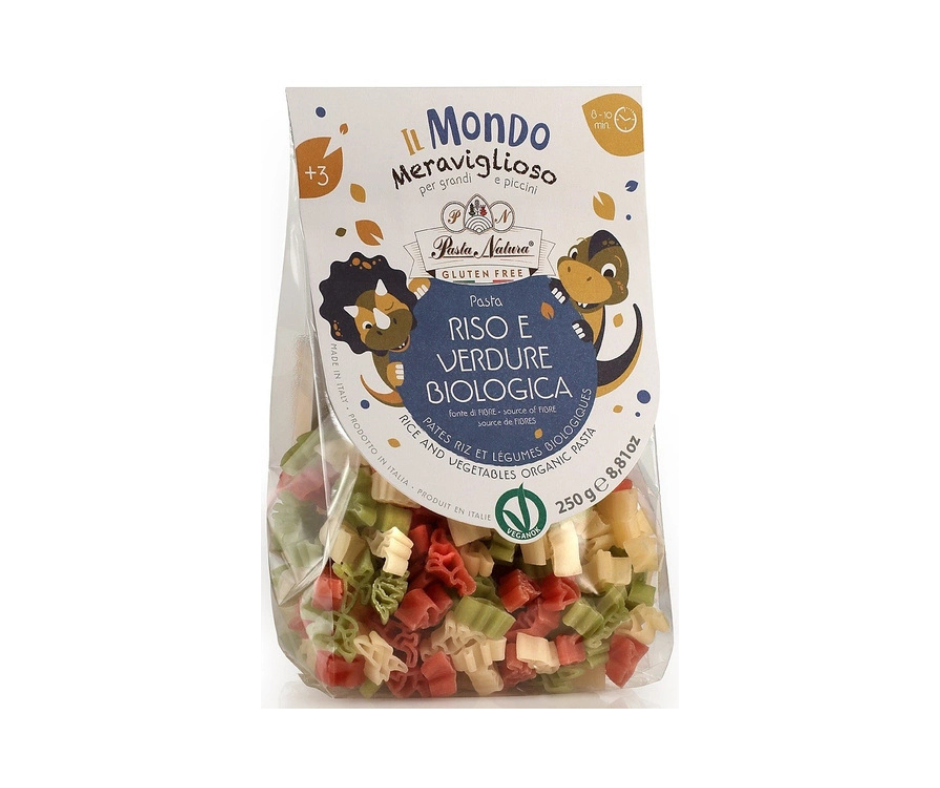Makaron dla dzieci dinozaury ryżowy trójkolorowy bezglutenowy 250 g - Pasta Natura (BIO)
