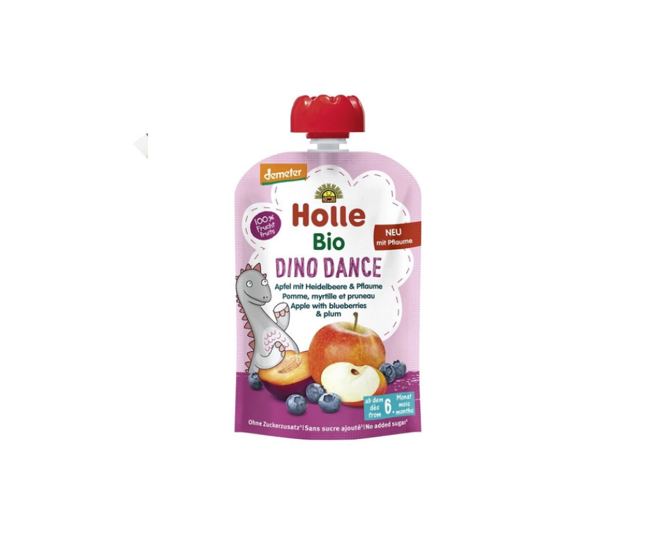 Mus tańczący dinozaur jabłko borówka śliwka bez dodatku cukru bezglutenowy od 6 msc.100 g - Holle (EKO)