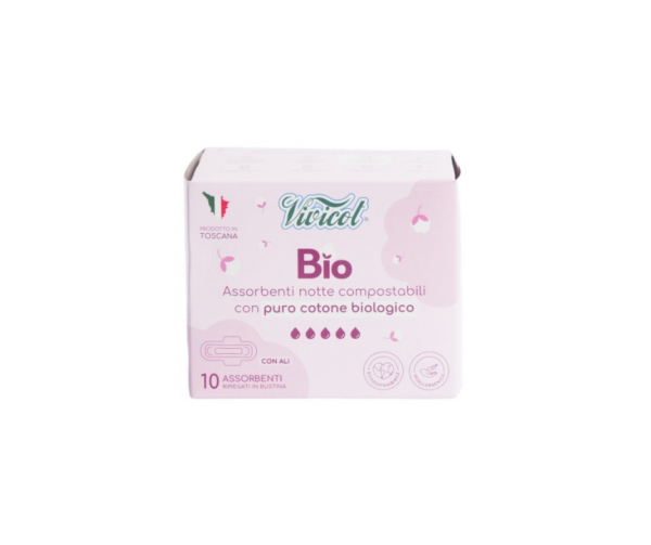 Podpaski na noc, ze skrzydełkami, z organicznej bawełny, niebielone chlorem, KOMPOSTOWALNE, 10 sztuk- Vivicot BIO