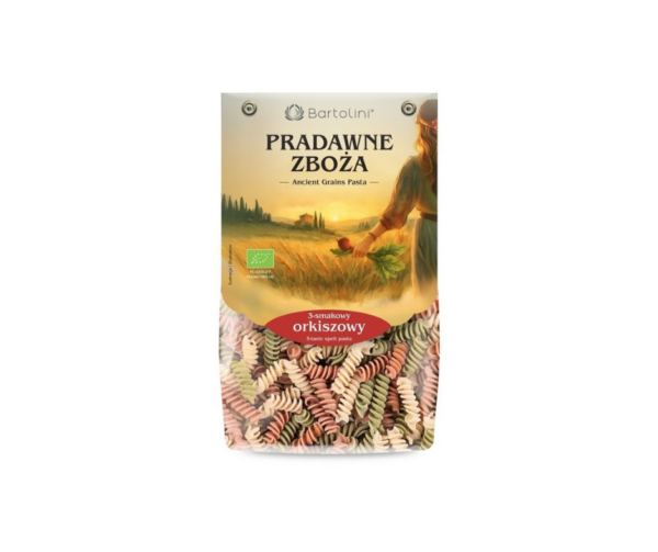 Makaron orkiszowy 3-smakowy, Pradawne zboża, świderek, EKO, 250g- Bartolini