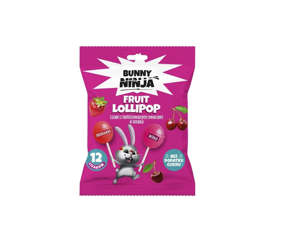 Lizaki owocowe lollipop truskawka i wiśnia bez cukru bez glutenu 12 x 10g - Bunny Ninja