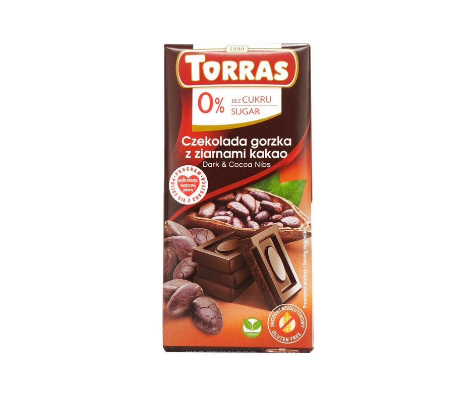 Czekolada gorzka z ziarnami kakao, bez cukru, bezglutenowa 75g - Torras