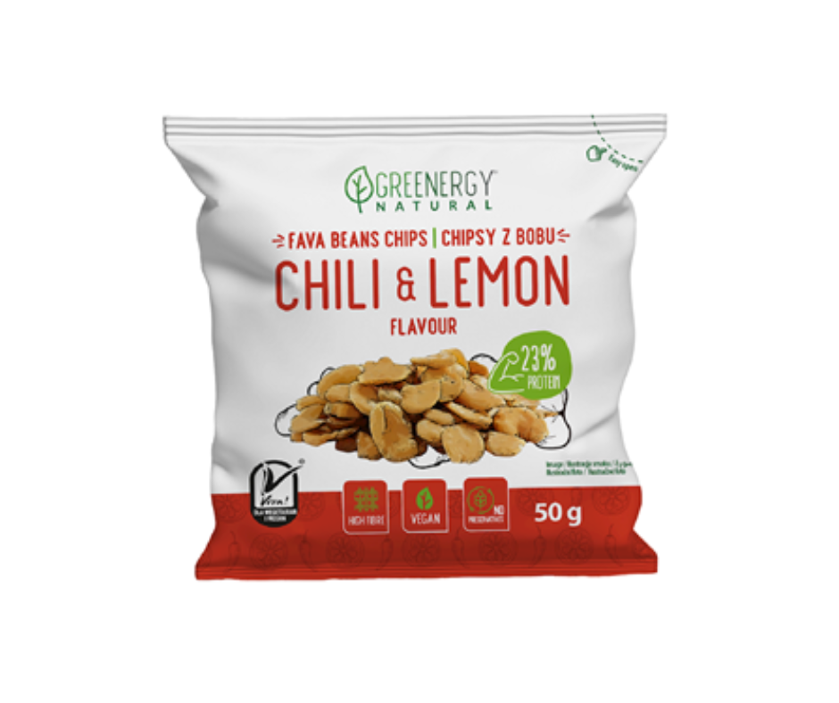 Bób prażony o smaku chili i cytryny 50g -Greenergy