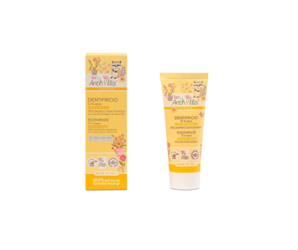 Bio Pasta do zębów dla dzieci, BEZ FLUORU, z ekologicznymi aloesem i rumiankiem, waniliowa, 75 ml, Baby Anthyllis