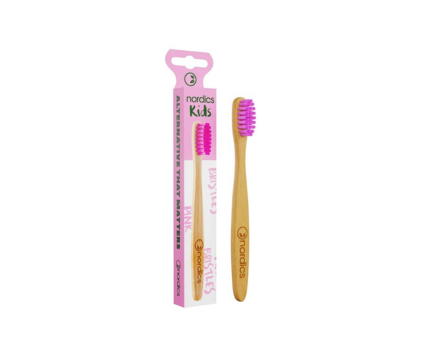 Szczoteczka do zębów bambusowa dla dzieci, miękka, różowa 14.5cm- Nordics