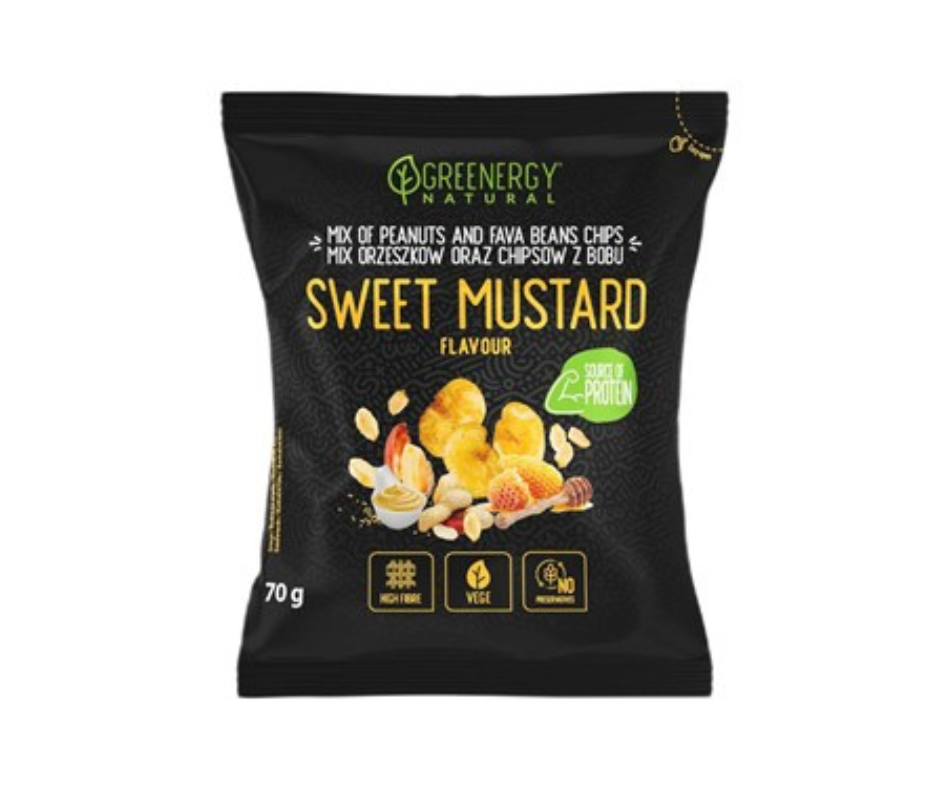 Mieszanka proteinowa orzeszków i chipsów z bobu słodka musztarda 70 g- Greenenergy