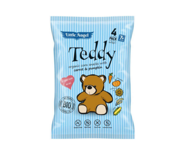 Chrupki kukurydziane TEDDY marchew i dynia od 7 miesiąca bezglutenowe BIO 4x15 g -Little Angel