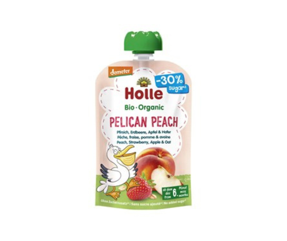 Mus brzoskwiniowy pelikan (brzoskwinia -truskawka- jabłko - owies) Bez dodatku cukrów od 6 msc. życia bezglutenowy demeter bio 100 g - Holle