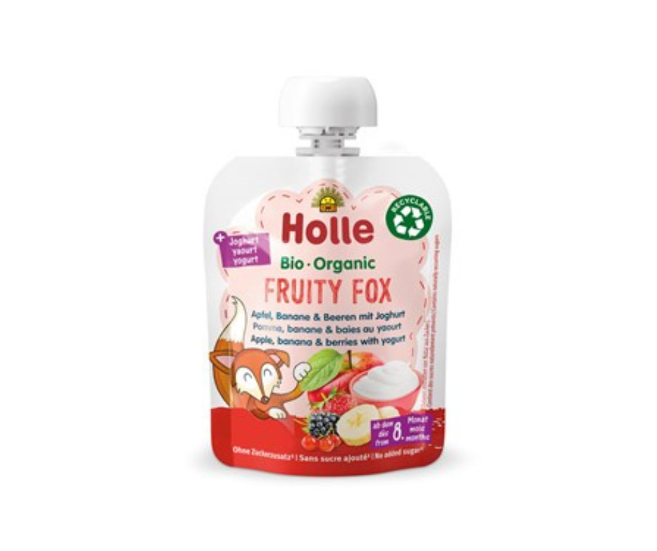 Mus owocowy lisek (jabłko-banan-owoce leśne- jogurt) bez dodatku cukrów od 8 msc. życia bio 85 g- Holle