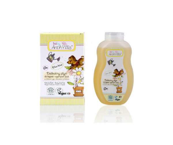 Delikatny płyn do kąpieli i szampon 2 w 1, proteiny ryżu, ekstrakt z hibiskusa z upraw organicznych, 400 ml- Baby Anthyllis