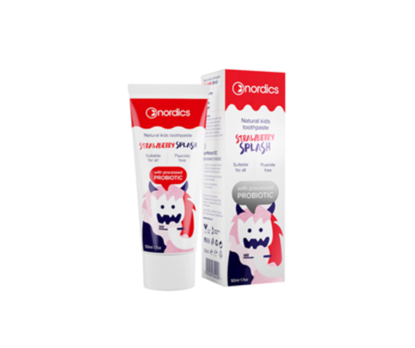 Pasta do zębów dla dzieci o smaku truskawki z probiotykami bez fluoru 50 ml- Nordics
