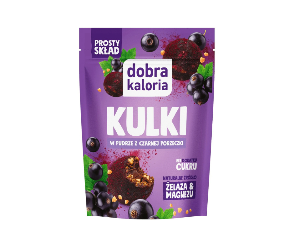 Kulki mocy owocowo-orzechowe w pudrze z czarnej porzeczki raw bez dodatku cukru 65g - Dobra Kaloria
